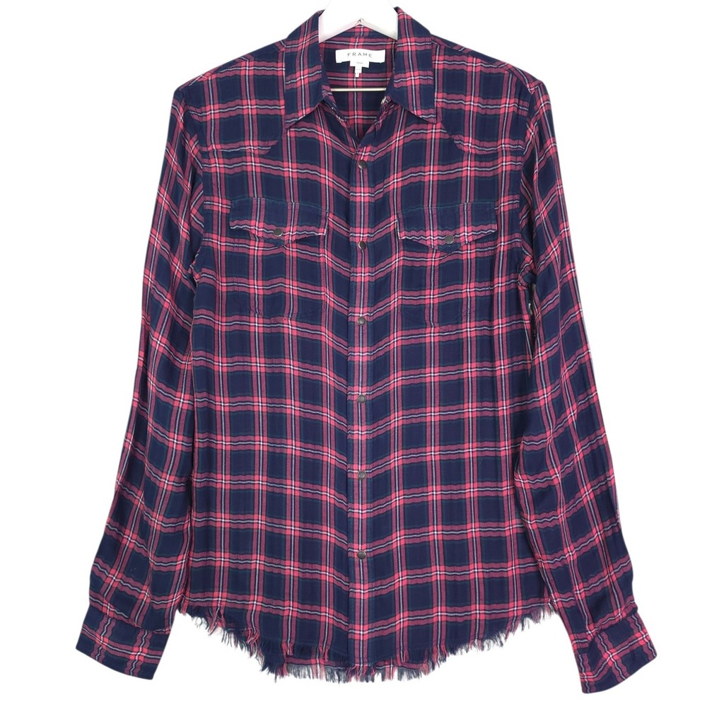 FRAME Western Plaid Slim Shirt Women Size S Frayed Hem Fuchsia Navy